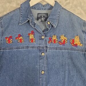 Vintage Solutions Original Denim Shirt Embroidered Cat Lover Presents Small